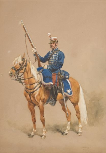 Edouard Detaille (Fr., 1848 - 1912), Trooper: Edouard Detaille (Fr., 1848 - 1912), Trooper watercolor and gouache, signed lower right "E. Detaille. / Juillet 1872," depicts mounted infantryman armed with a carbine and saber. 13.75 x 9.75 in.
