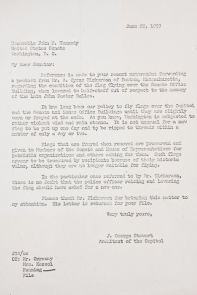 John F. Kennedy Typed Note Signed: John F. Kennedy Typed Note Signed one page, 8 x 5 in., on United States Senate stationery, Washington, D. C., n.d. (1959), to J. George Stewart, Architect of the Capitol, stapled to unsigned typed let