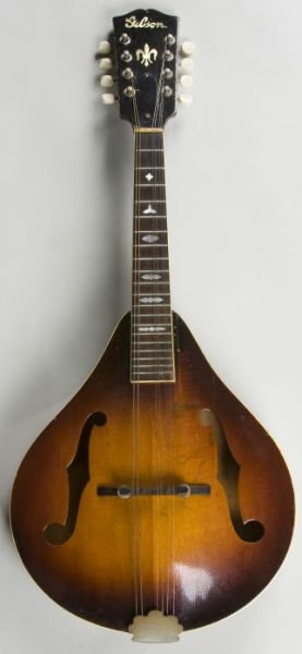 Early Vintage Gibson A-50 Mandolin: Early Vintage Gibson A-50 Mandolin no serial # evident, circa 1937 - 1942, bound top, back and fingerboard; brown sunburst body with f-holes; peghead inlaid with mother-of-pearl script Gibson logo and