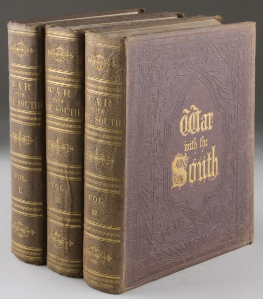 1860s Civil War History Book Set: 1860s Civil War History Book Set Tomes, Robert, "War With The South", (New York: Virtue & Yorston, after 1865), 2,082 pp. in three volumes, 4to (8.5" x 11"), brown cloth covers with tooled leather spi