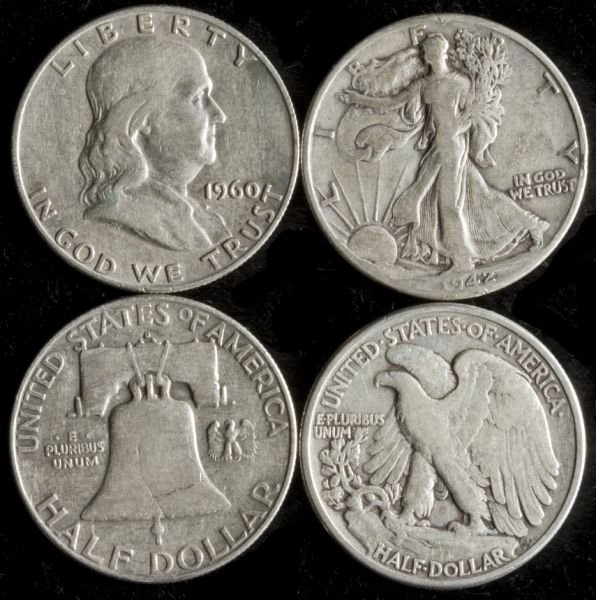 Four Rolls of Circulated 90% Silver Half Dollars: Four Rolls of Circulated 90% Silver Half Dollars (80) coins consisting of one Walker roll and (3) Franklin rolls. The Estate Collection of Mr. & Mrs. Robert Ayers, Swansboro, NC.