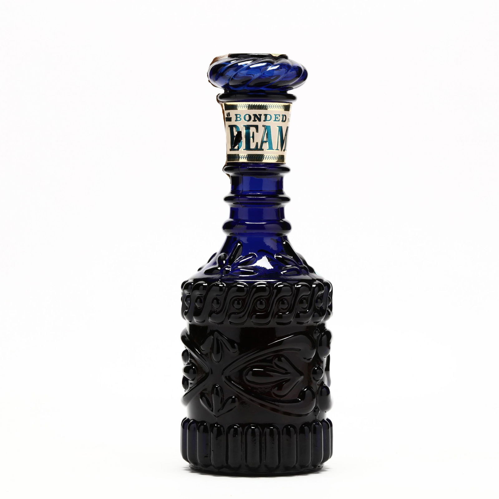 Bonded Beam Straight Bourbon Whiskey in Glass Decanter: Bonded Beam Straight Bourbon Whiskey in Glass Decanter Fragile specialty decanter. For pick-up only. NV, Jim Beam Kentucky Straight Bourbon Whiskey, 8 Years Old, 50%, made spring 1963, bottled fall 19