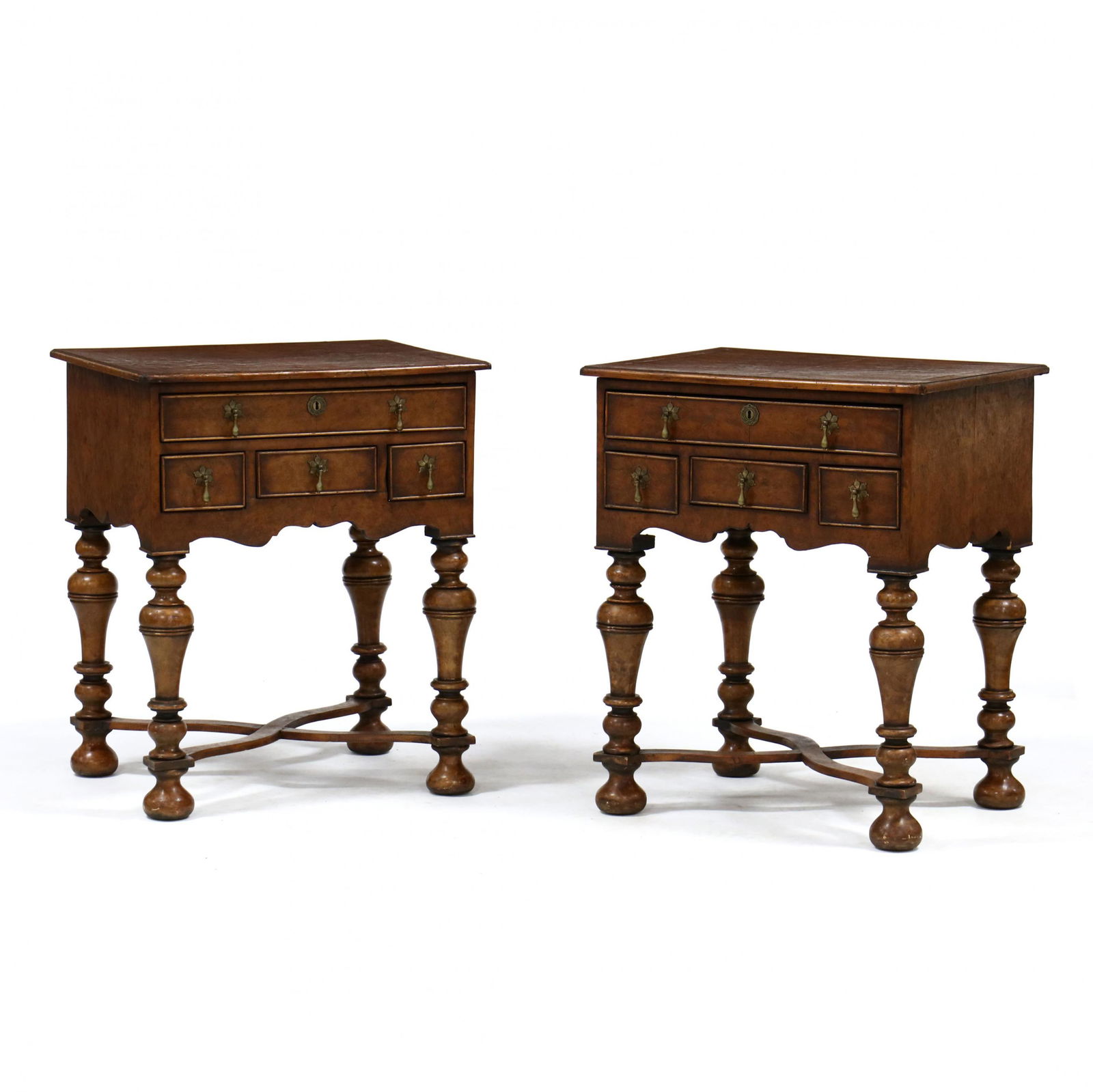 Pair of William and Mary Style Burl Wood Lowboys: Pair of William and Mary Style Burl Wood Lowboys20th century, pine secondary, rectangular top with banded edge and line inlay, cut corners, the case with one over three cock beaded drawers, scalloped