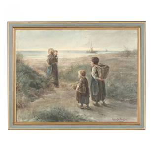 Antique Dutch School Watercolor of a Family Fishing: Antique Dutch School Watercolor of a Family Fishingwatercolor on paper, laid down to cardboard, circa 1900, bearing "Pieter de Hooch" signature at lower right, framed. Sight size 17 1/2 x 23 in.; Fram