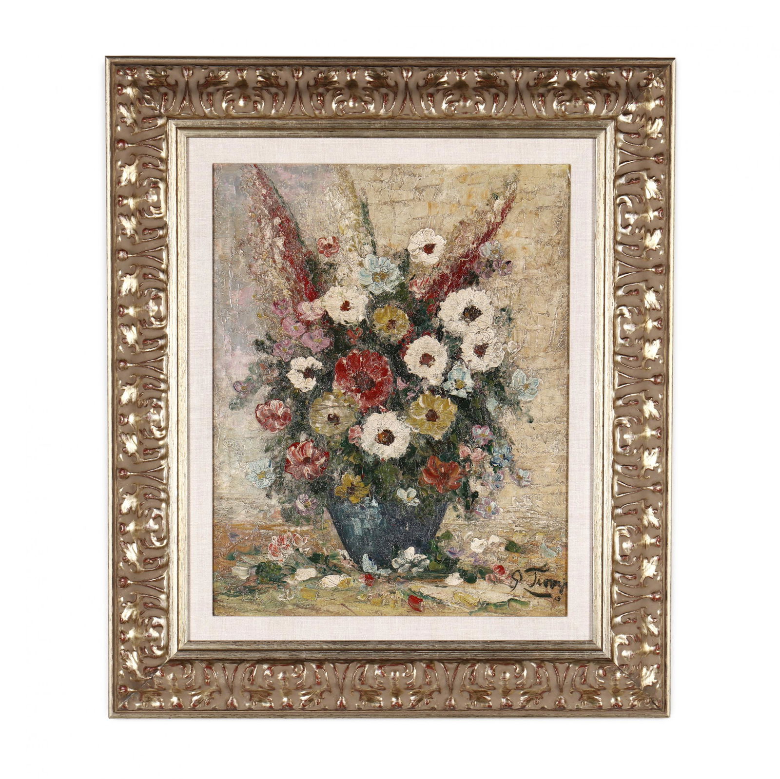 Mid-Century Floral Still Life Painting: Mid-Century Floral Still Life Paintingoil on canvas mounted to masonite, mid-20th century, with indiscernible signature at lower right, in contemporary frame. Frame dimensions 28 3/4 x 24 1/2 in. From