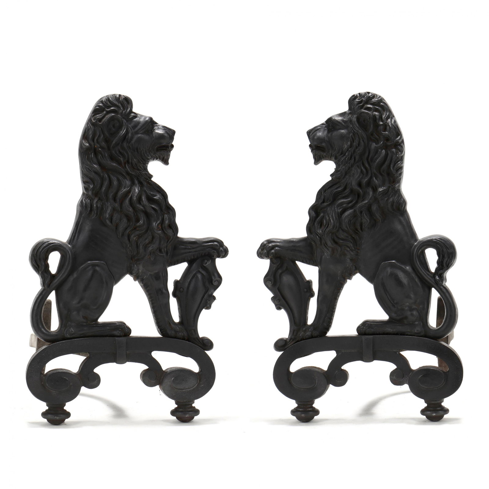 Bradley & Hubbard, Pair of Iron Lion Form Andirons: Bradley & Hubbard, Pair of Iron Lion Form Andirons circa 1900, black painted iron lions on turned feet, marked. 21.5 x 13 x 15 in. From the collection of Michael and Nancy Norton, New London, North Ca