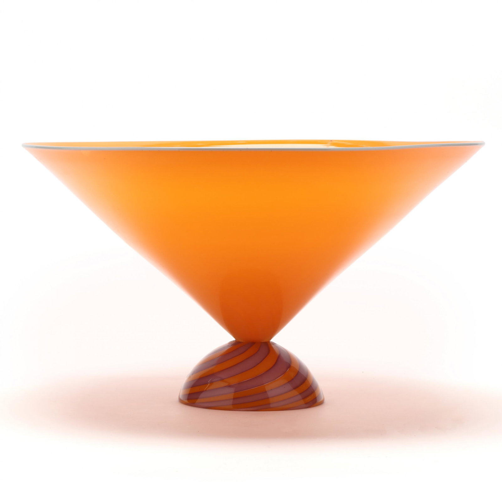 David Levi (MO, b.1959), Deluxe Cone Bowl: David Levi (MO, b.1959), Deluxe Cone Bowl Ibex Studio, contemporary, bright colored blown glass, conical orange bowl with grey rim applied to an orange and purple swirl raised conical foot, signed IBE