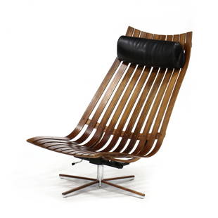 Hans Brattrud (Norway, 1933-2017), Scandia Rosewood: Hans Brattrud (Norway, 1933-2017), Scandia Rosewood Lounge Chair1960s, for Georg Eknes, bent rosewood slat back and seat with black naugahyde head rest, swivel seat with angle adjustment, four-leg ste