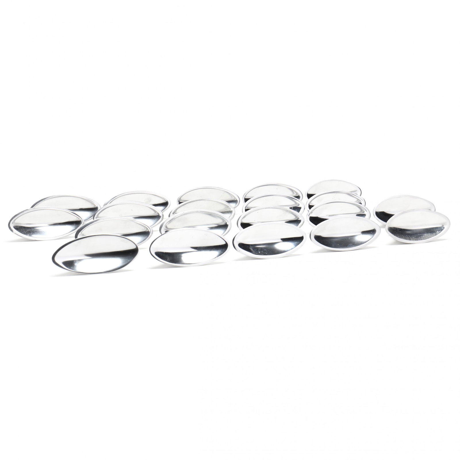 Set of (23) William Harvey, Lotus Drawer Pulls: Set of (23) William Harvey, Lotus Drawer Pulls late 20th century, polished aluminum, oval concave form, unmarked. 3.25 x 1.5 x 1.5 in. Additional high-resolution photos are available at www.lelandlitt