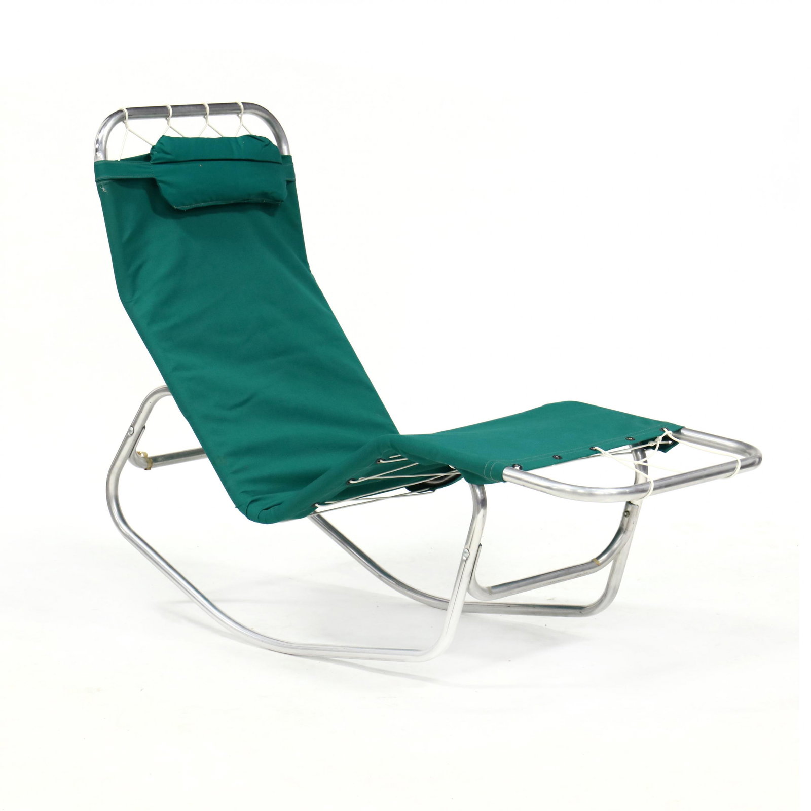 Set of Four Barwa Garden Lounge Chairs: Set of Four Barwa Garden Lounge Chairsdesigned by Edgar Bartolucci and John J. Waldheim in 1947, for Robert Elliot Co., aluminum tubular frames with original green outdoor fabric and white strapping,