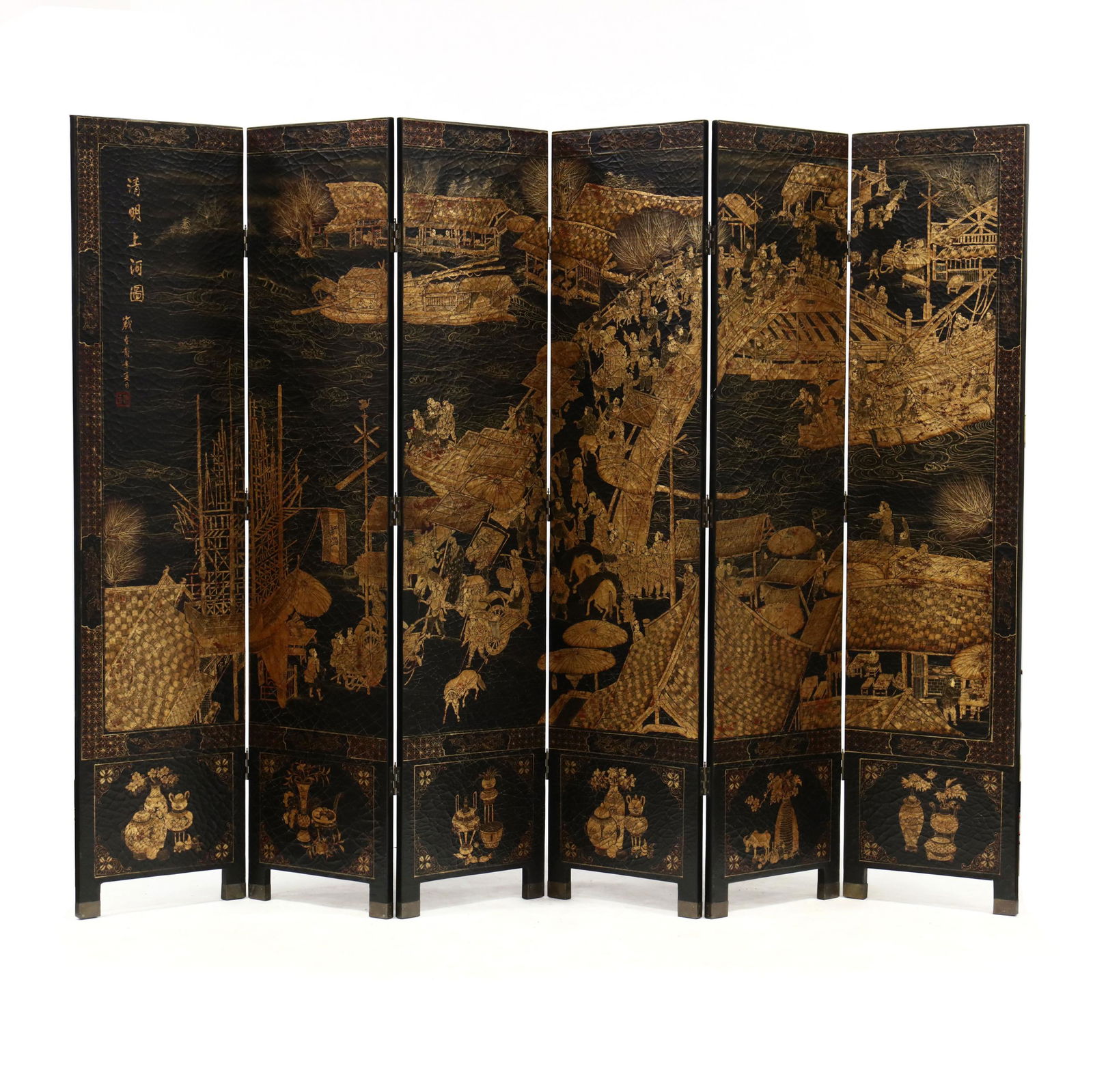 Chinese Lacquered and Gilt Six Panel Floor Screen (1 of 8)