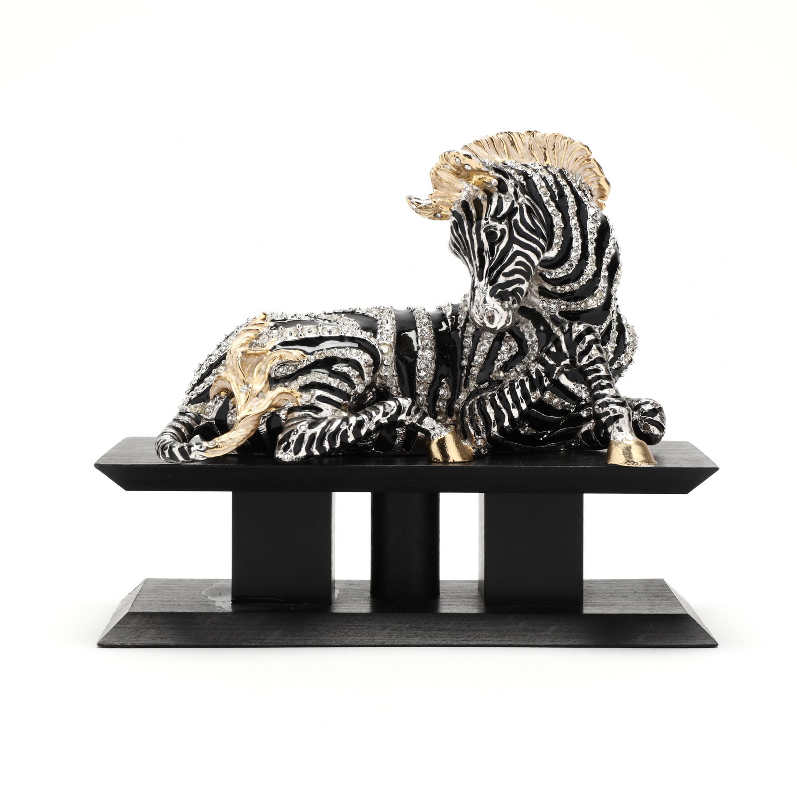 Jay Strongwater, Enamel and Jeweled Zebra Sculpture,: Jay Strongwater, Enamel and Jeweled Zebra Sculpture, Signed 2004, limited edition, white metal with black enamel, gilt highlights with white inset stones, numbered 192/300 and marked signed by Jay Str