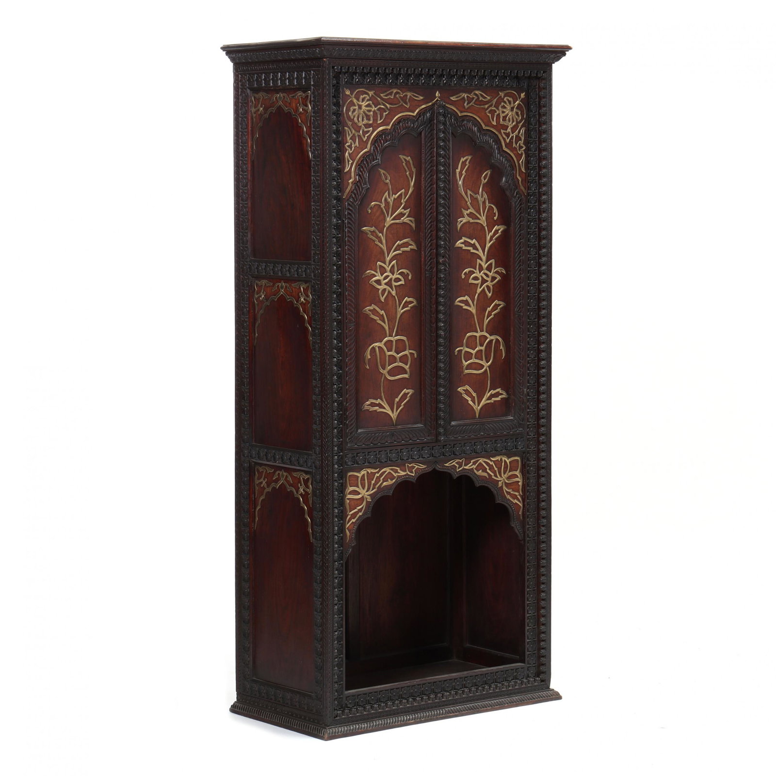Anglo-Indian Carved and Inlaid Diminutive Cabinet: Anglo-Indian Carved and Inlaid Diminutive Cabinet early 20th century, hardwood, brass vine leaf overlay to cabinet doors and spandrels, one piece form with all over rosette and stylized gadrooned carv