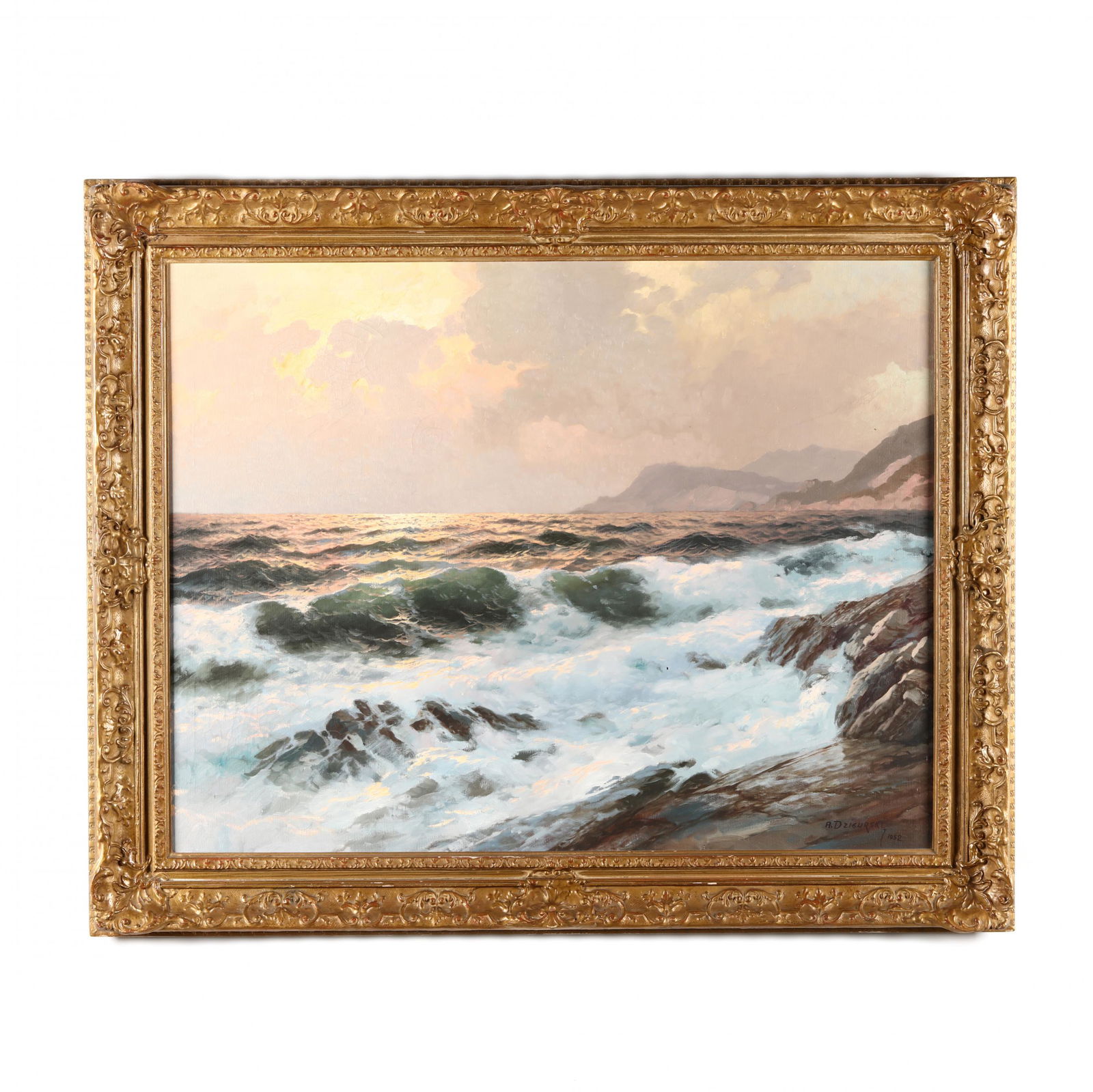 Alexander Dzigurski (American, 1911-1995), Seascape at: Alexander Dzigurski (American, 1911-1995), Seascape at Sunsetoil on canvas, signed and dated 1952 at lower right, presented in an attractive gilt composition. Stretcher size 28 x 36 in.; Frame dimensi