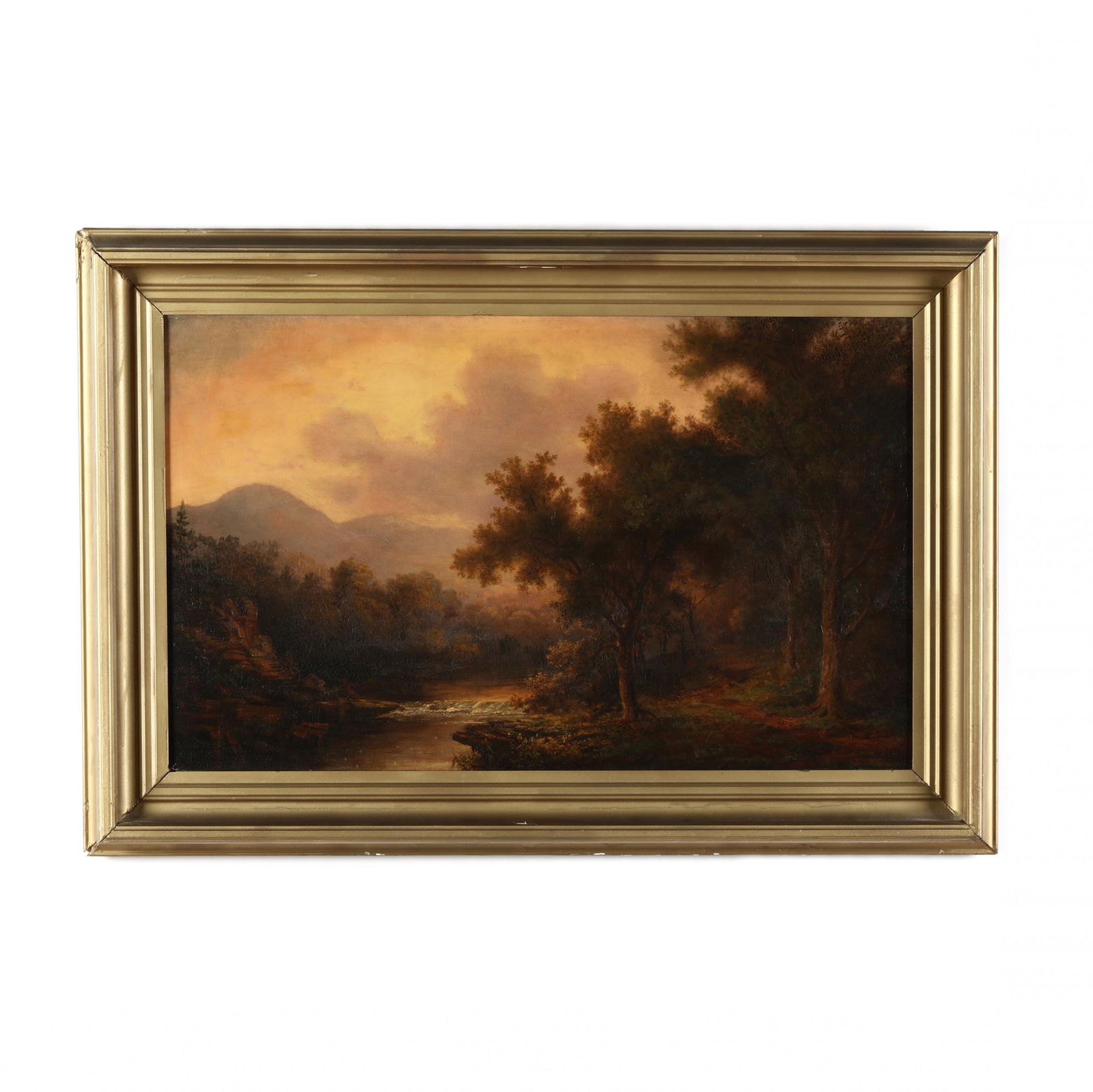 John White Allen Scott (American, 1815-1907), Sunset,: John White Allen Scott (American, 1815-1907), Sunset, Schoharie Creek, Catskill Mountains, NYoil on canvas (lined), signed at lower right, retains artist's studio label to the verso, presented in a pe