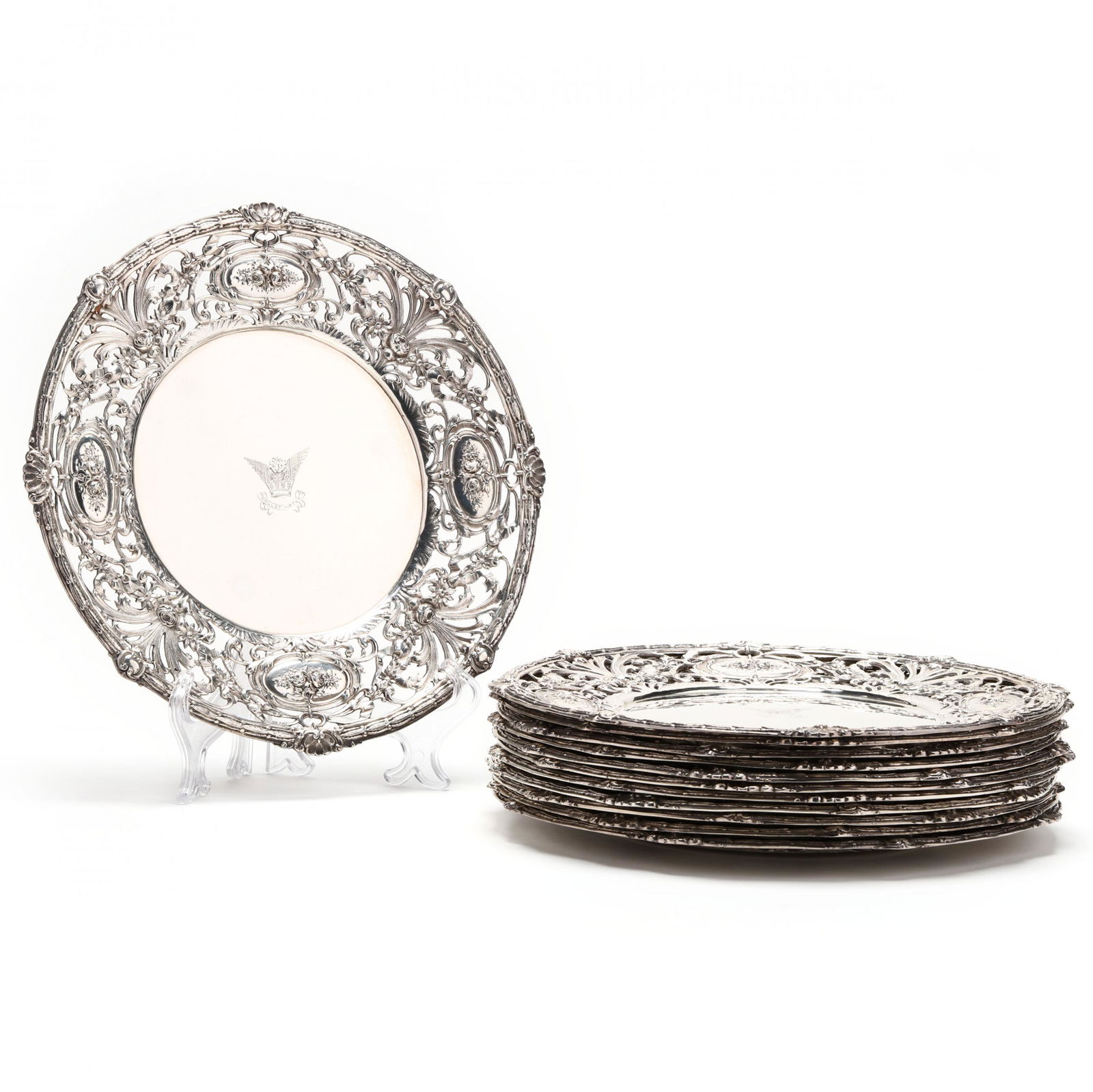 Set of Twelve American Sterling Silver Service Plates (1 of 4)