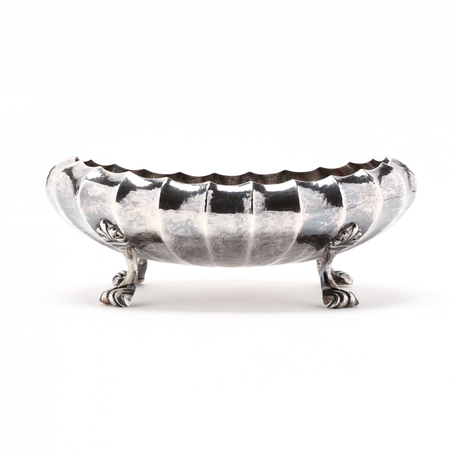 Buccellati Sterling Silver Footed Centerbowl: Buccellati Sterling Silver Footed Centerbowlmid-20th century, made in Italy, hand-hammered surface with scalloped sides, raised on four scrolled legs with anthemion motif knees, no monograms. 3 1/2 x
