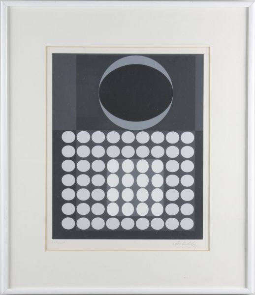 Victor Vasarely (HU/Fr., 1906 - 1997), Composition: Victor Vasarely (HU/Fr., 1906 - 1997), Composition lithograph in colors, marginally signed "Vasarley" lower right, numbered "229/250" lower left. Behind mat in painted metal frame. SS 19.5 x 15.75; DO