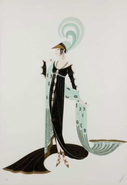 Erté (Romain de Tirtoff), "Directoire": Erté (Romain de Tirtoff), "Directoire" embossed serigraph, produced in 1990, signed and numbered in pencil along the lower margin "Erte" and "267/300," matted and framed under glass, with original Ce
