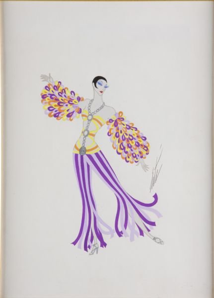 Erté (Romain de Tirtoff) Original, "La Choupeta": Erté (Romain de Tirtoff) Original, "La Choupeta" gouache on paper, signed in pencil "Erte," the verso inscribed " No 18-536 / 'La Choupeta' / Zizi Jeanmarie / 1976," also with artist's stamp and "Com