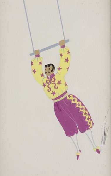 Erté (Romain de Tirtoff) Original, "Trapeziste": Erté (Romain de Tirtoff) Original, "Trapeziste" gouache, signed in pencil "Erte," inscribed on the verso "Erte / 'Marionettes' / No 10-244 / 1948 / Trapeziste" and stamped "Composition originals," ma