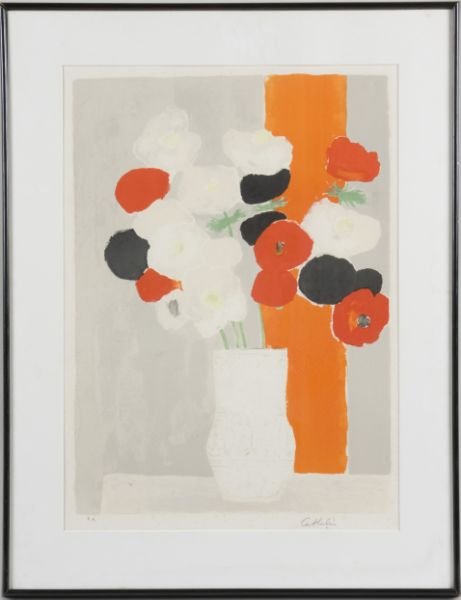 Bernard Cathelin (Fr., 1919-2004), Still Life: Bernard Cathelin (Fr., 1919-2004), Still Life color lithograph, signed in pencil along lower margin "Cathelin" and inscribed "E.A.," matted and framed under glass. SS 26 x 19 in.; DOA 33.5 x 26 in. No