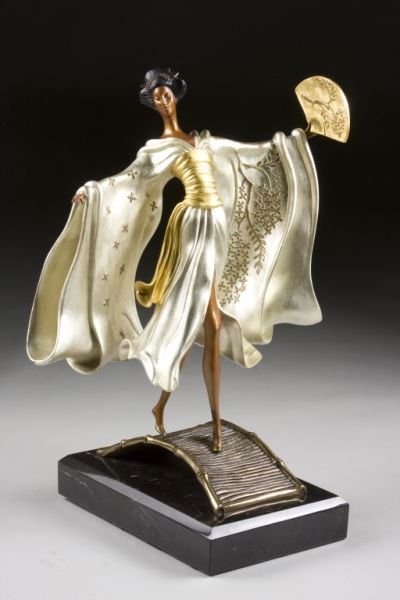 Erté (Russian, 1892-1990), "Asian Princess": Erté (Russian, 1892-1990), "Asian Princess" limited edition bronze sculpture, inscribed on the base of the kimono sleeve "1990 CHALK AND VERMILION AND SEVENARTS 306/375," mounted on a black marble ba