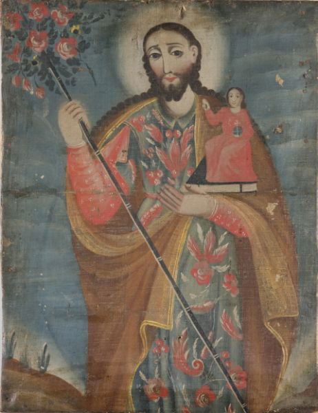 Spanish Colonial School Retablo, 19th century: Spanish Colonial School Retablo, 19th century oil on coarse canvas over pine stretchers, devotional image depicting St. Joseph holding a book upon which the Christ Child rests with orb, St. Joseph hol