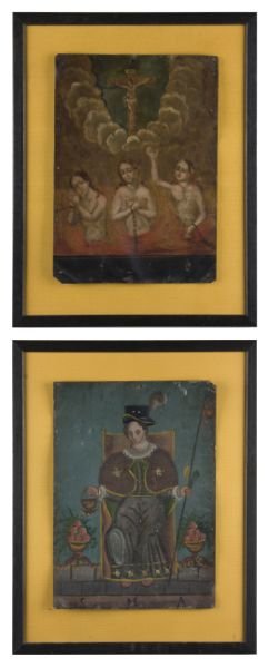 Two Antique Mexican Folk Art Retablos: Two Antique Mexican Folk Art Retablos oil on tin, the first a frightening vision of purgatory, mounted to a modern wooden frame, (SS 14 x 10 in.; DOA 19.25 x 15 in.); the second depicts El Nino de Ato