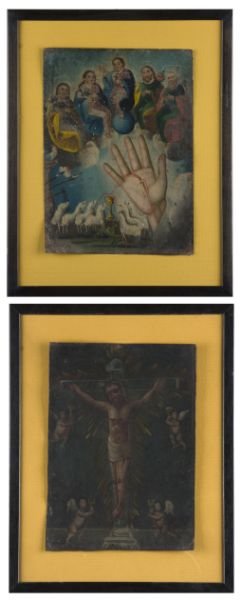 Two Antique Mexican Folk Art Retablos: Two Antique Mexican Folk Art Retablos oil on tin, the first of the crucified Christ, mounted to a modern wooden frame, (SS 13.5 x 9.75 in., DOA 19 x 15 in.); the second depicts a heavenly gathering ab