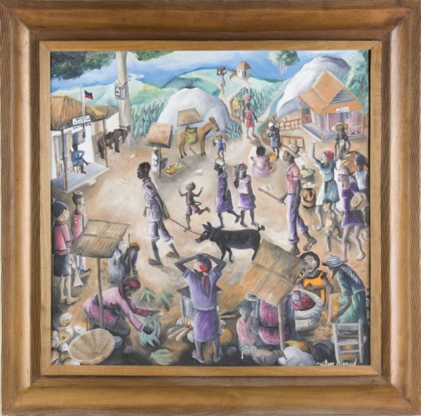 Wilson Bigaud (Haitian, b.1931), Village Scene: Wilson Bigaud (Haitian, b.1931), Village Scene oil on artist board, colorful depiction of everyday village life, signed lower right "Wilson Bigaud," framed. SS 23.5 x 23.5 in; DOA 37 x 30.5 in. The Es