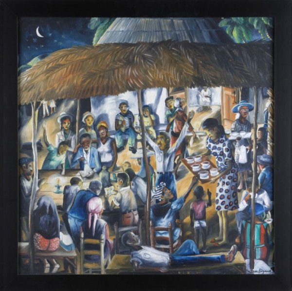 Wilson Bigaud (Haitian, b. 1931), Village Evening: Wilson Bigaud (Haitian, b. 1931), Village Evening oil on masonite, signed lower right, " Wilson Bigaud," framed. SS 23.5 x 23.5in; DOA 27 x 26.5 in. The Estate Collection of Hazel & Ernest Craige, of 