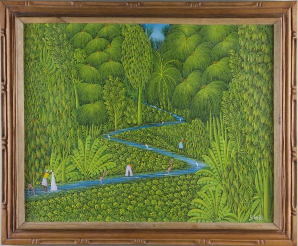 Henri-Robert Bresil (Haitian, b. 1952), Paradise: Henri-Robert Bresil (Haitian, b. 1952), Paradise oil on canvas, signed lower right "HR Bresil," depicting a lush tropical paradise bisected by a clear running brook populated by flamingos, egrets, and