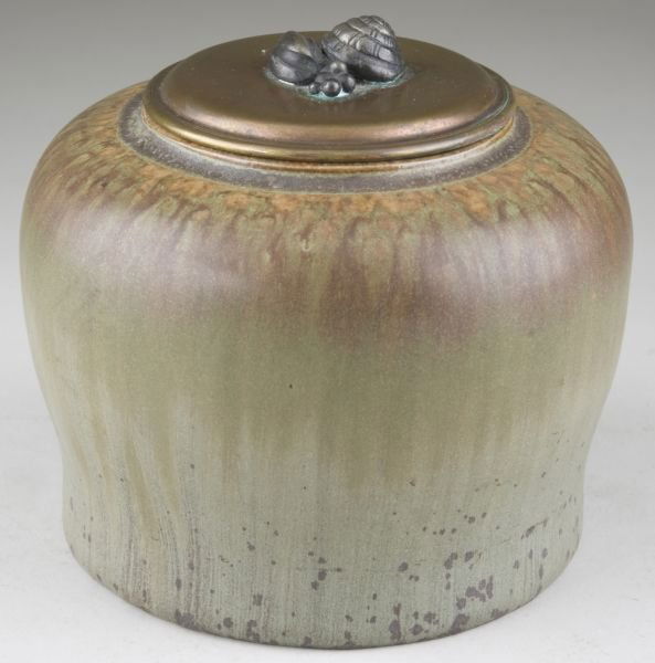 Royal Copenhagen Stoneware Humidor: Royal Copenhagen Stoneware Humidor circa 1930s, attributed to Carl Halier with bronze lid attributed to Kund Anderson, underside marked with blue underglaze three line mark above "47/1," the lid with