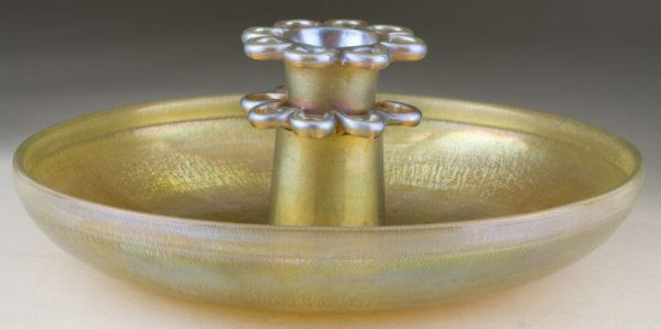 Tiffany Favrile Round Dish Vase: Tiffany Favrile Round Dish Vase with flower frog insert, iridescent gold glass, the dish signed on inside inner rim "Louis C. Tiffany Furnaces - Inc. Favrile 452 N," the insert signed on base "L. C. T