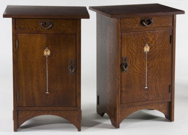 Pair of Voorhees Craftsman Side Stands: Pair of Voorhees Craftsman Side Stands altered replica of a Gustav Stickley smoke stand design, oak with hand hammered copper pulls, pewter, copper, and lightwood inlay to the single door, mortise and