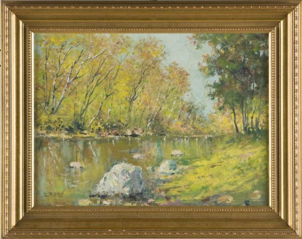 PA Impressionist School Landscape: PA Impressionist School Landscape oil on board, signed at lower left, inscribed on the verso "White Birches and Oaks / along / Fishing Creek / at / Ft. Hunter / Oct. 9, 1948 / Clear and Warm," housed 