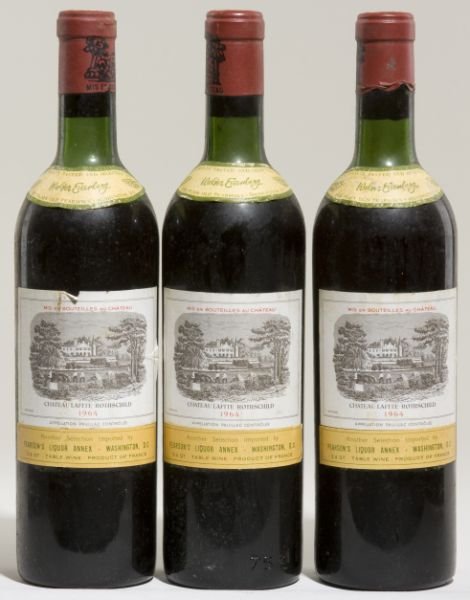 Chateau Lafite Rothschild: Chateau Lafite Rothschild "Deep color, nicely mature bouquet, with ample plum, cherry and spice flavors."(87pts WS) 1964 3 total bottles Pauillac Removed from the subterranean wine cellar of an avid c