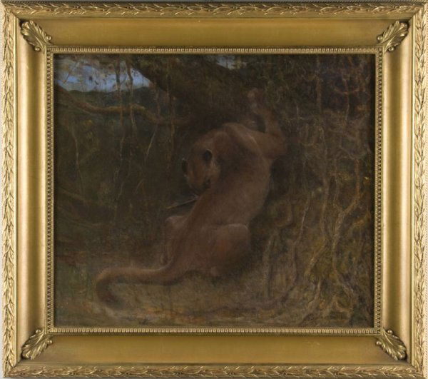 John Swan (Br., 1847-1910), The Panther: John Swan (Br., 1847-1910), The Panther oil on canvas (lined), signed and dated at lower right "John M. Swan 1899," in a period appropriate gilt frame with acanthus motif at corners. SS 21.5 x 25.5 in