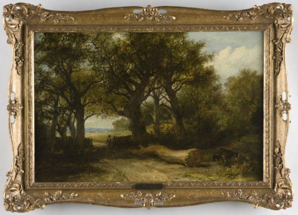 James Stark (Br., 1794-1859), Country Lane: James Stark (Br., 1794-1859), Country Lane oil on board, unsigned, housed in an ornate gilt wood frame with applied composition ornament and swept pierced corners. SS 11.5 x 17.5 in.; DOA 15.5 x 21.5