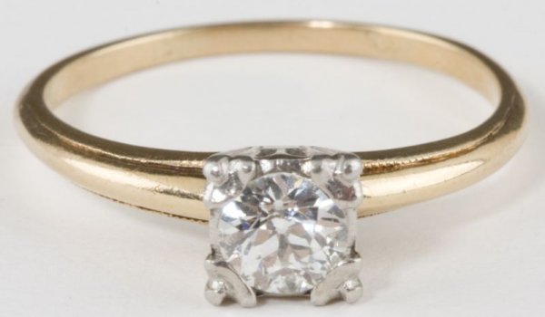 Diamond Solitaire, early 20th century: Diamond Solitaire, early 20th century centering on (1) old European cut diamond with a white gold head, to the slender yellow gold band; total diamond weight approximately .42ct ring size 7.5