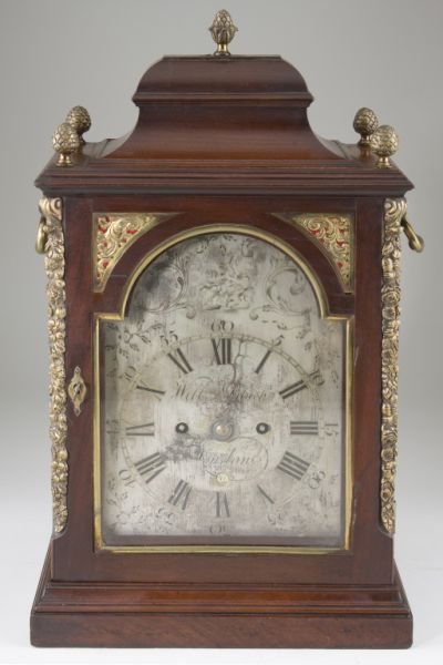 English Bracket Clock by William Black, London: English Bracket Clock by William Black, London 19th century, brass fusee movement with bell strike, signed engraved steel dial behind arched door with pierced spandrels, date aperture at 6 o'clock, ma