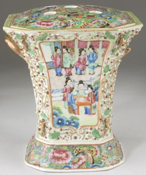 Chinese Famille Rose Bough Pot or Vase: Chinese Famille Rose Bough Pot or Vase unsigned,19th century, pierced lid, body tapers outward from base; decorated allover with court scenes, peonies and butterflies. 9 in. One handle missing, yet an