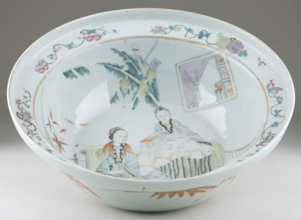 Chinese Porcelain Celadon Basin: Chinese Porcelain Celadon Basin 19th century, hand-painted scene of two female figures seated in an outdoor pavilion, interesting and unusual detail of a window showing a room interior. 5.25 x 15.5 in