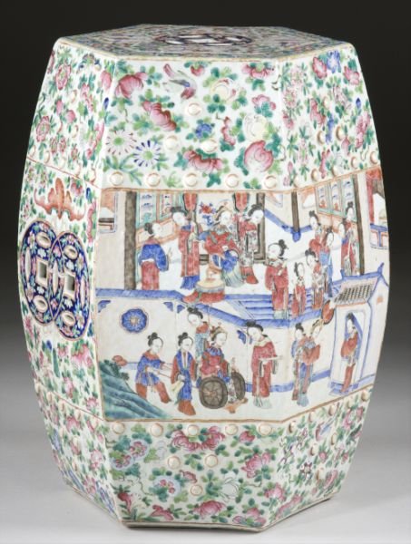 Chinese Famille Rose Garden Stool: Chinese Famille Rose Garden Stool 19th century, hexagonal form, several panels with scenes of courtesans, (2) panels with the "good fortune" bat, all amidst allover floral, butterfly design. 19.5 x 12
