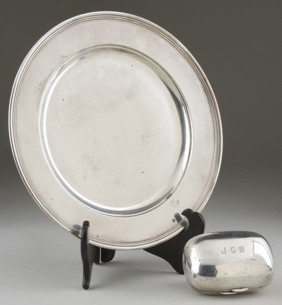 Two Pieces of Silver by Tiffany & Co.: Two Pieces of Silver by Tiffany & Co. the first a sterling plate, marked Tiffany & Co. / 19277A Makers 10623 / Sterling Silver / 925-1000 / M (for John C. Moore, circa 1907-1938) (10.25 in.; 15.90 tro