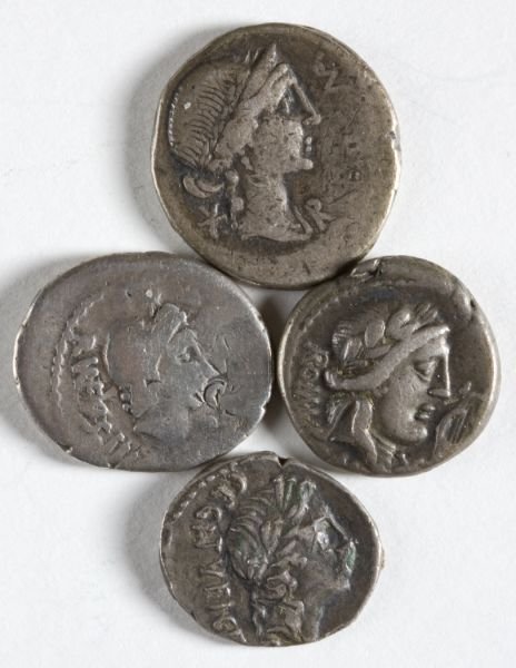 Four Roman Republican Silver Coins: Four Roman Republican Silver Coins as follows: Man. Aemilius Lepidus, 114/13 B.C. AR denarius, Head of Roma / Equestrian statue, Crawford 291/1, toned fine; C. Egnatuleius C.f., 97 B.C., AR quinarius,