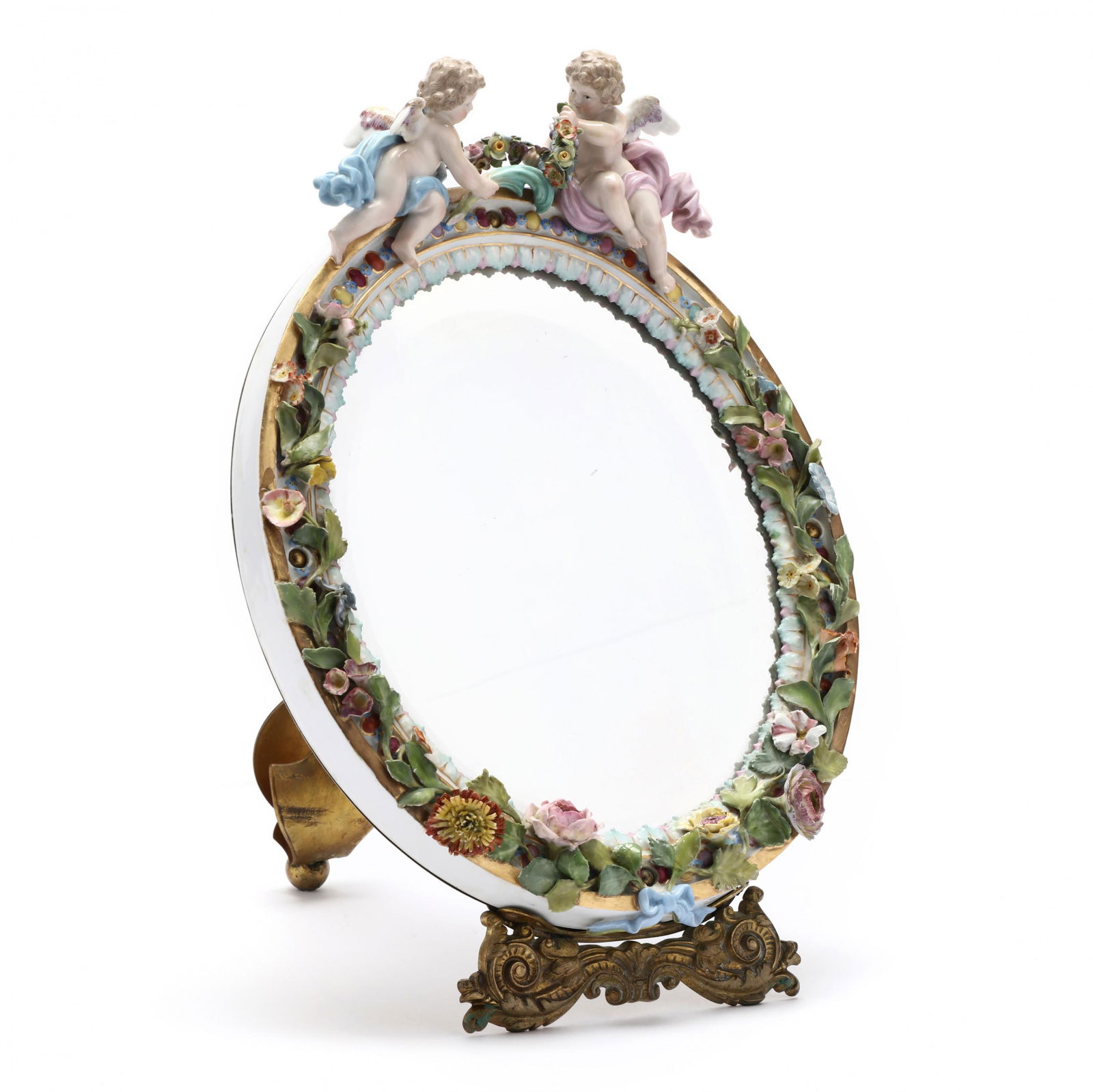 Meissen Table Top Mirror, Putti and Floral Encrusted (1 of 7)