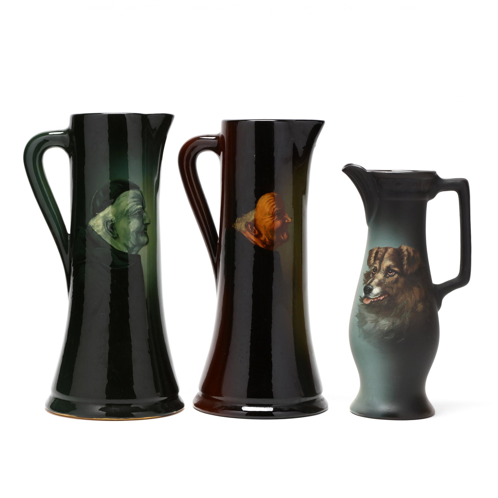 Three Zanesville Pottery Tall Pitchers, La Moro Line (1 of 10)