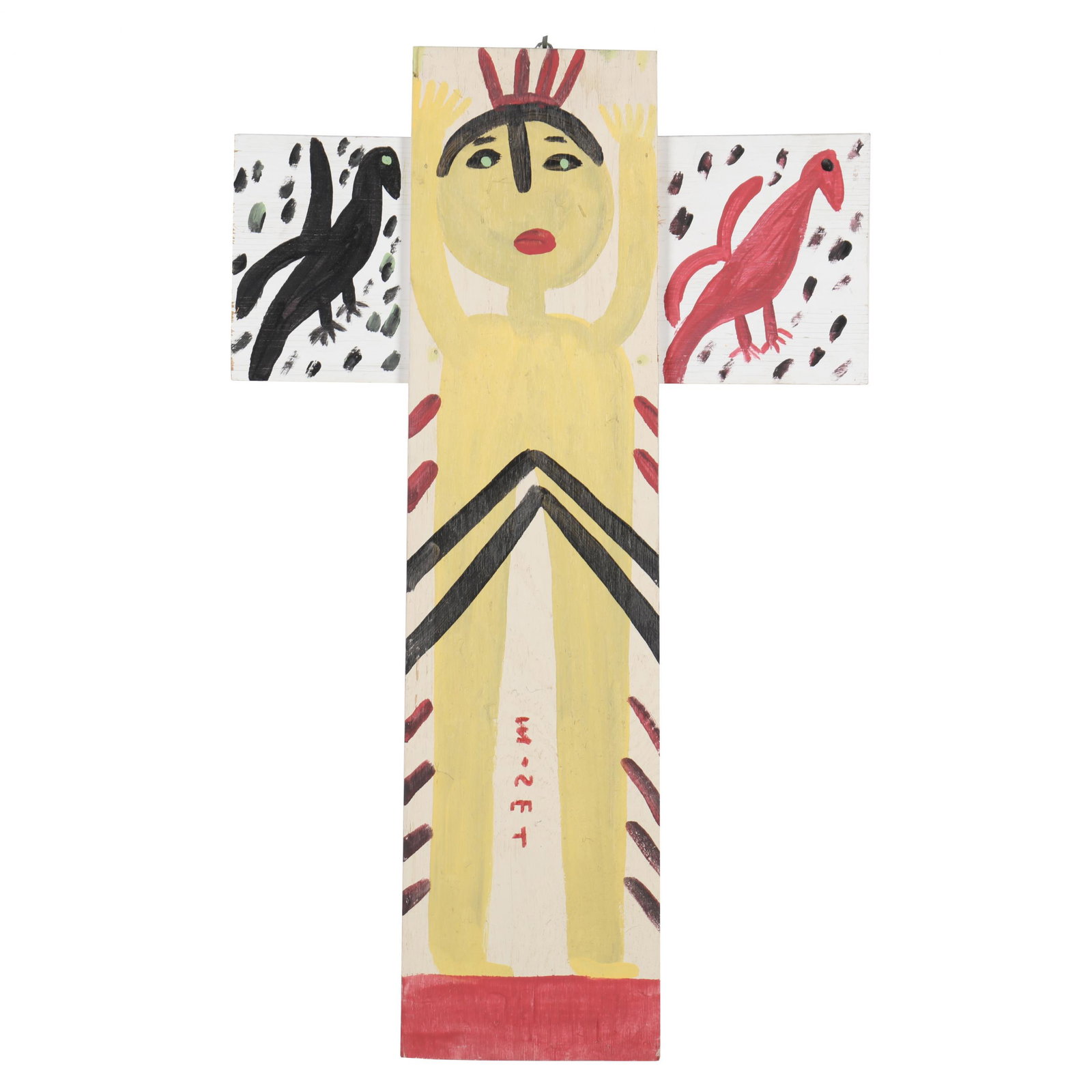 Folk Art Cross, Mose Tolliver (AL, 1918-2006): Folk Art Cross, Mose Tolliver (AL, 1918-2006) paint on plywood, cruciform Christian theme work with a crowned figure flanked by birds, signed center "MOSE T". 32 x 20 in. From the Collection of Cliffo
